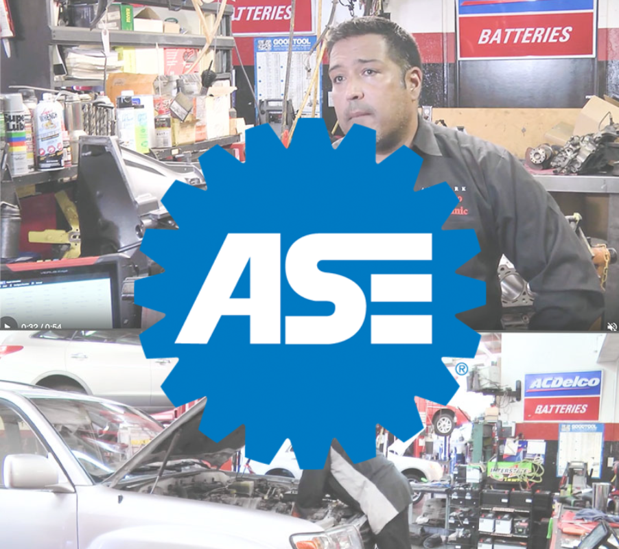 ASE Certified badge over Airpark Auto Clinic technicians, representing the training, skill, and trust behind ASE-certified auto repair professionals.