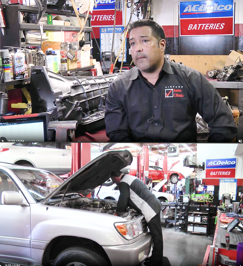 Airpark Auto Clinic owner and technician in service bay, highlighting expert diagnostics, customer care, and trusted auto repair services.