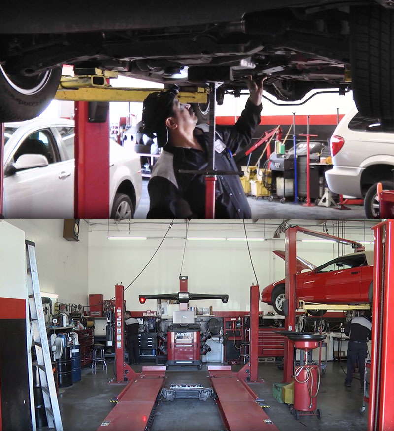 Airpark Auto Clinic technicians performing inspections and alignments in fully equipped service bays, showcasing expert auto repair services.