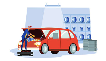 Illustration of mechanic performing engine service on red car, representing expert auto repair and maintenance at Airpark Auto Clinic.
