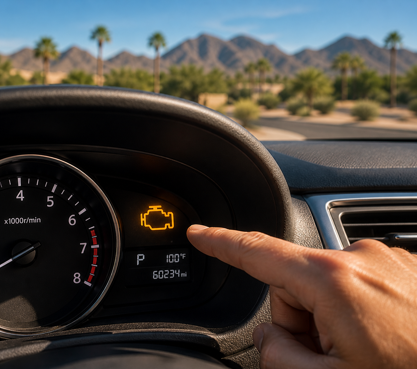 check engine light illuminated on dashboard in Scottsdale Arizona indicating vehicle issue requiring diagnostic service and repair