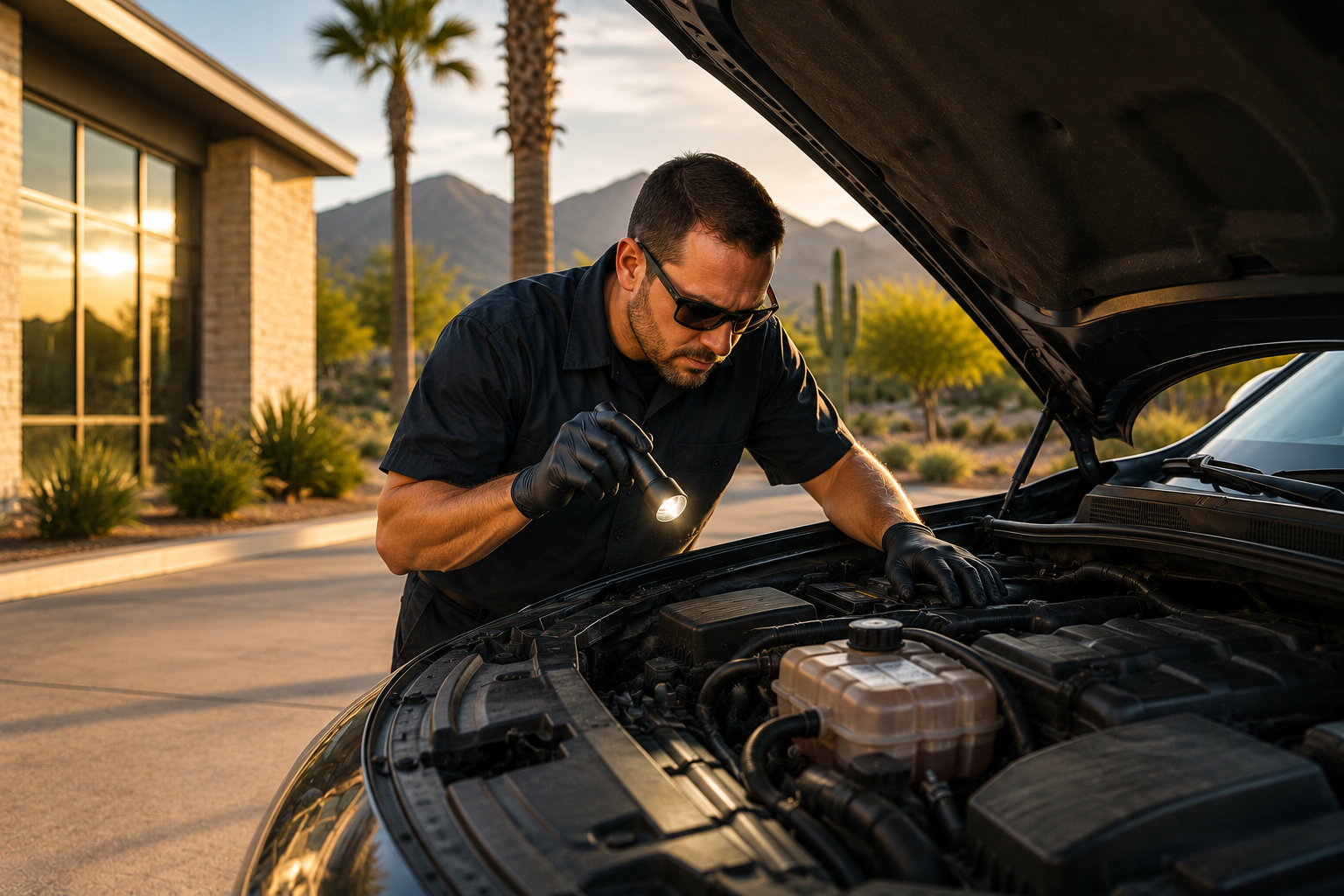 Mechanic inspecting a car engine during a late summer vehicle checkup outside an Arizona auto repair shop.