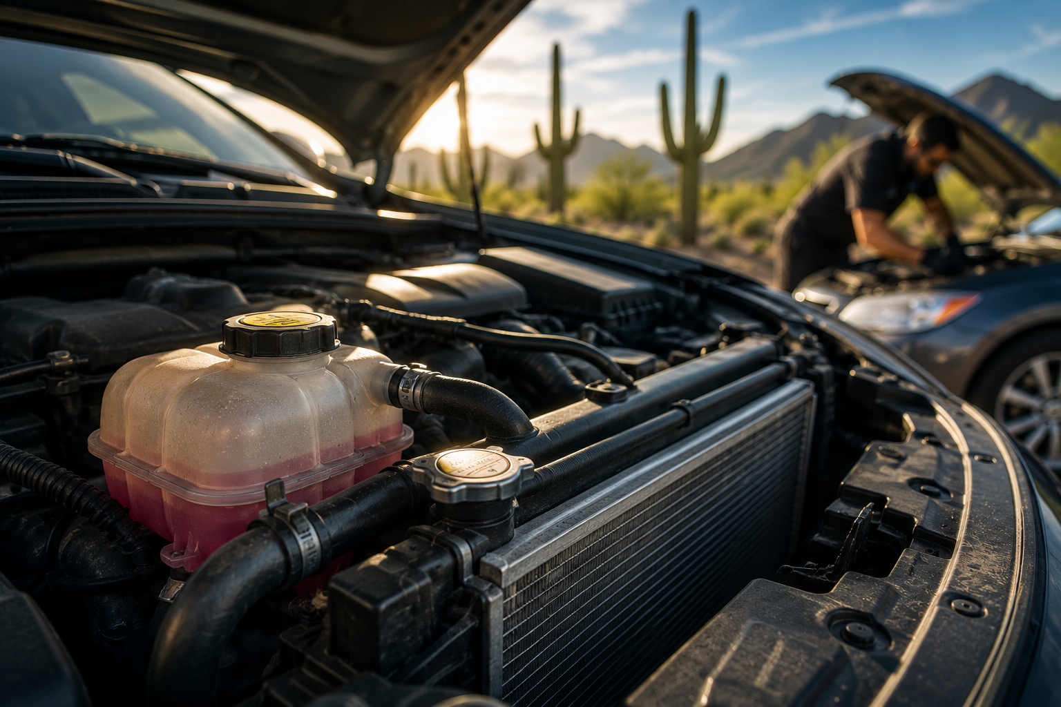 Car cooling system with radiator and coolant reservoir under an open hood in Arizona summer heat