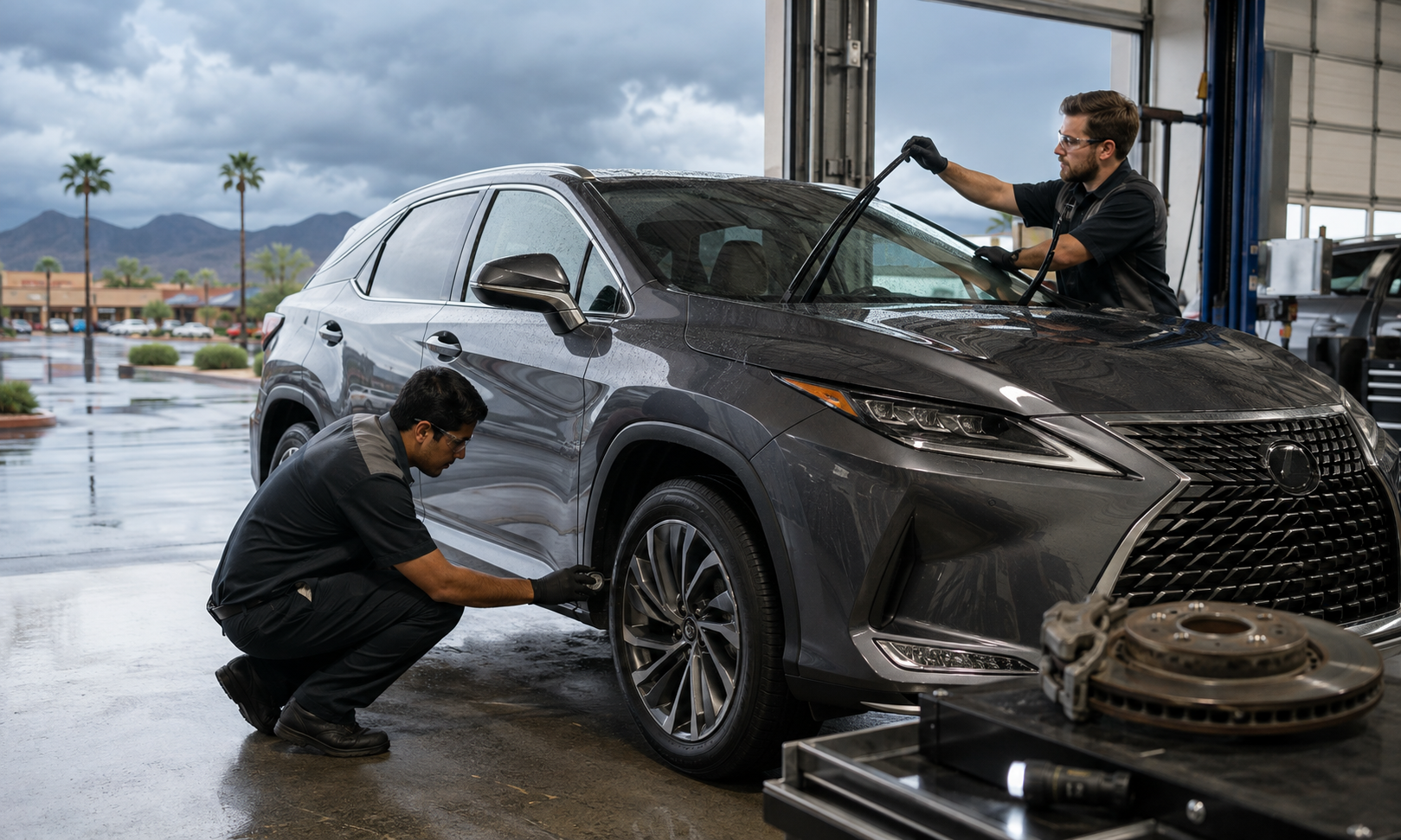 Airpark Auto Clinic technician preparing a Scottsdale vehicle for Arizona monsoon driving conditions.